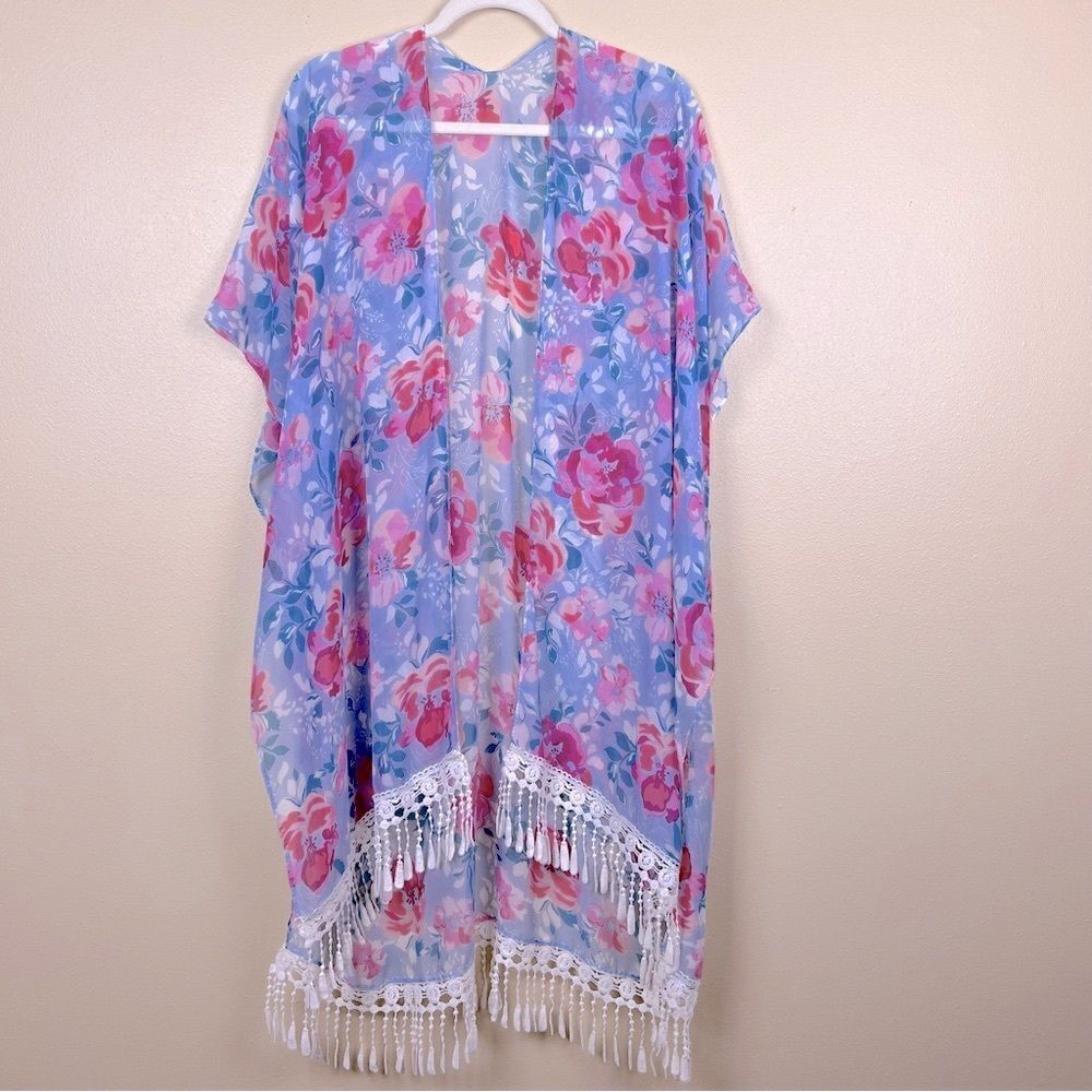 Coverup Floral Blue Red Kimono